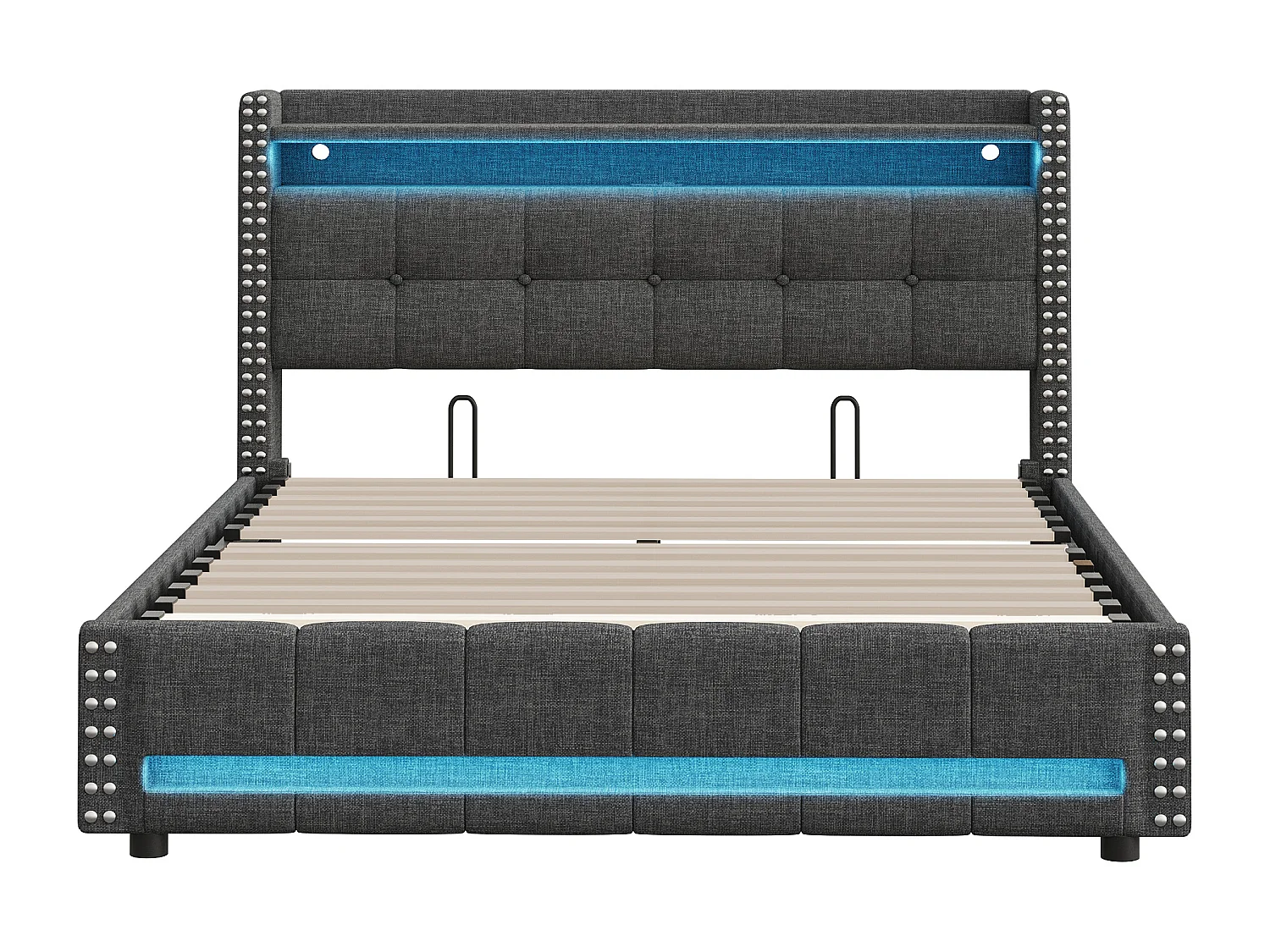 Lit adulte avec tiroirs 160x200cm en lin - avec LED & prise USB - avec sommier à lattes - Gris