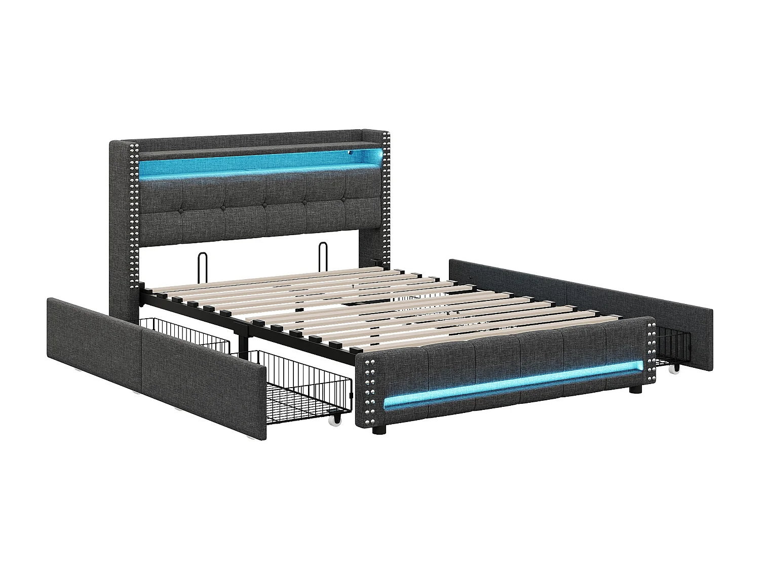 Lit adulte avec tiroirs 160x200cm en lin - avec LED & prise USB - avec sommier à lattes - Gris