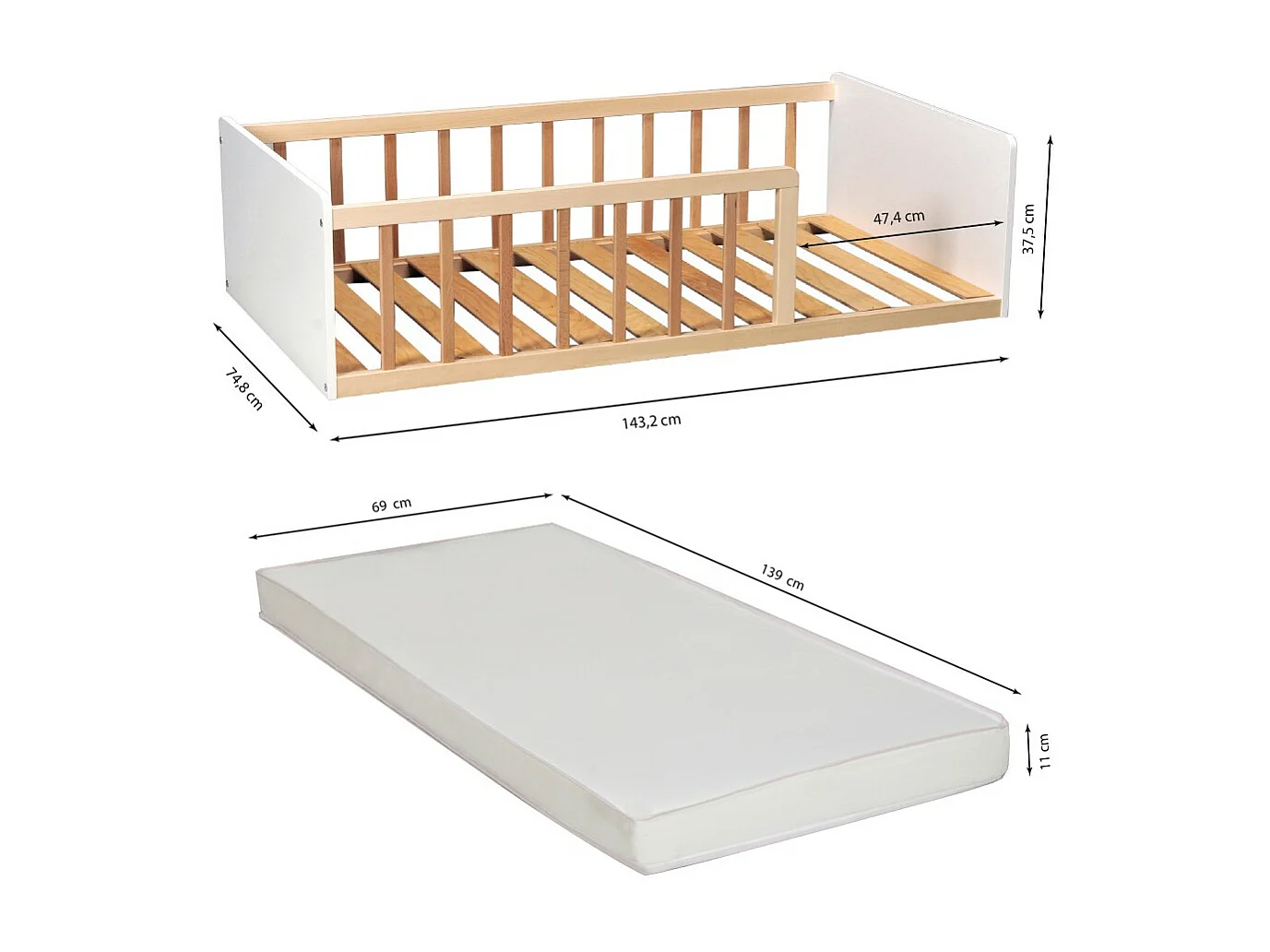 LIT 70x140 PILOU avec sommier et matelas/ Blanc et Naturel