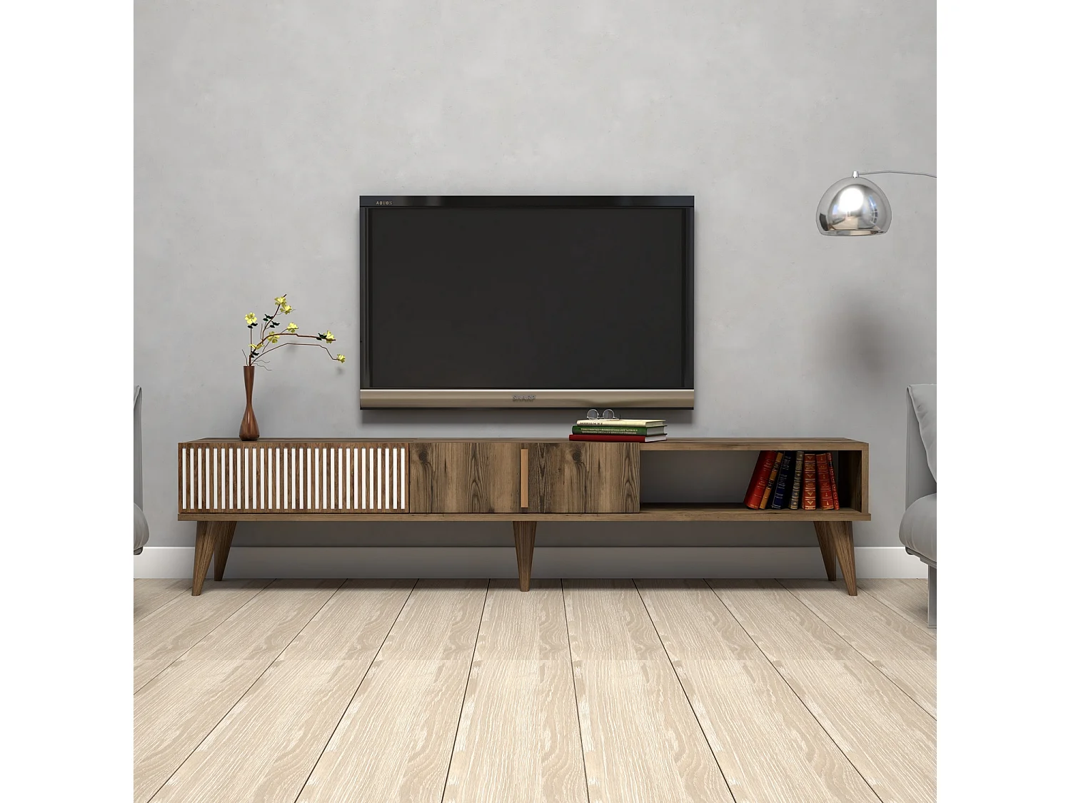 Grand meuble TV en bois noyer 2 portes Roma 180cm