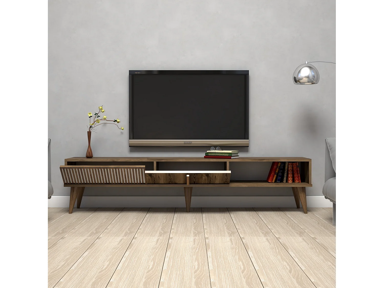 Grand meuble TV en bois noyer 2 portes Roma 180cm