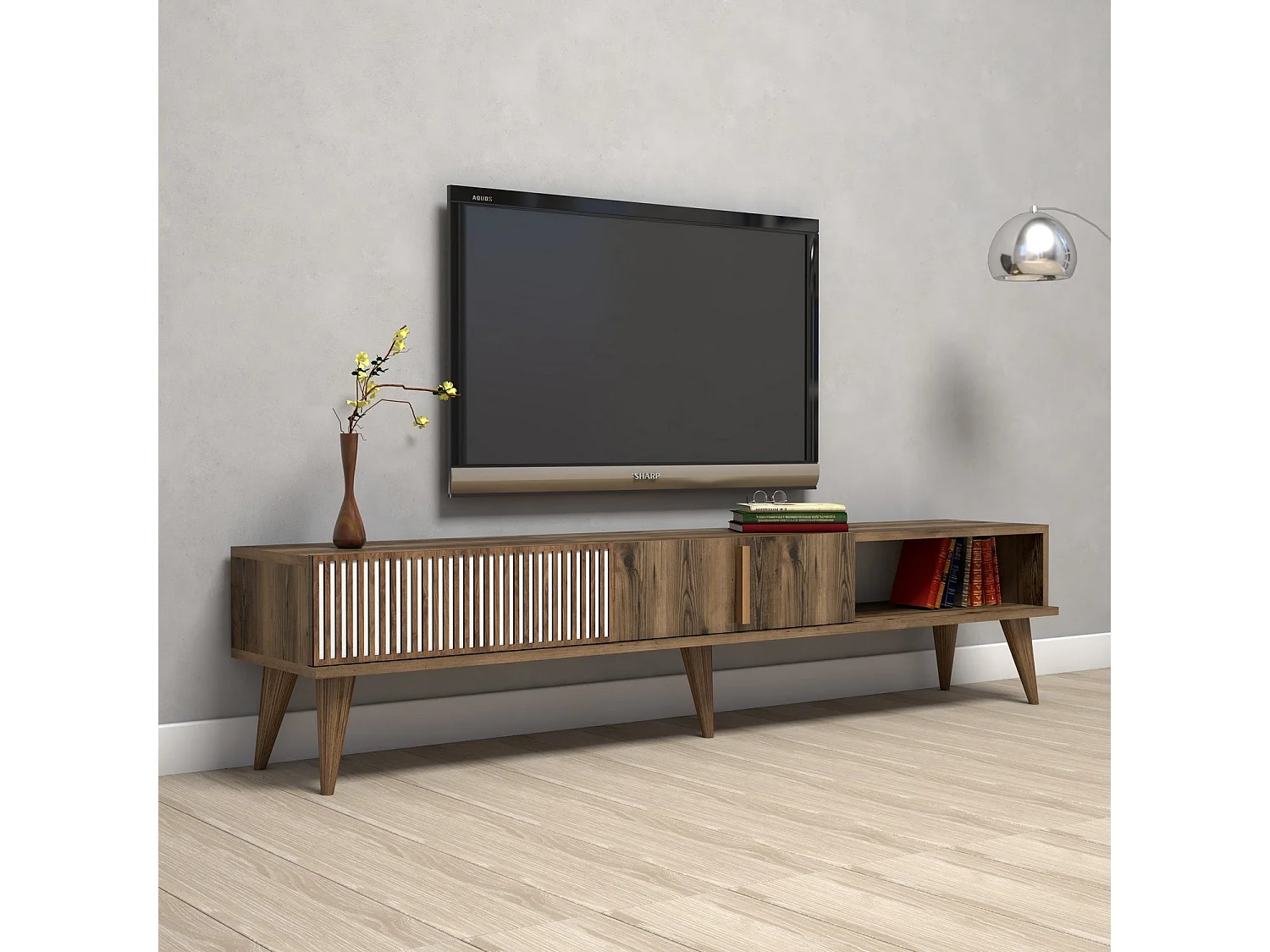 Grand meuble TV en bois noyer 2 portes Roma 180cm