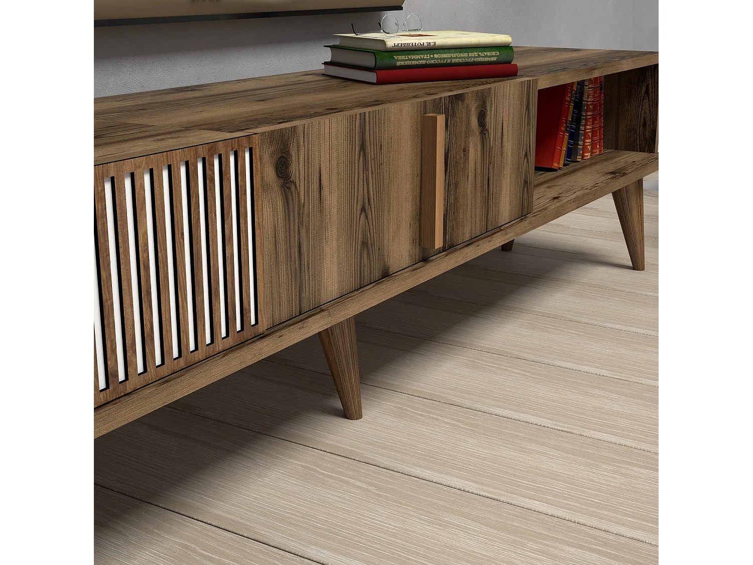 Grand meuble TV en bois noyer 2 portes Roma 180cm