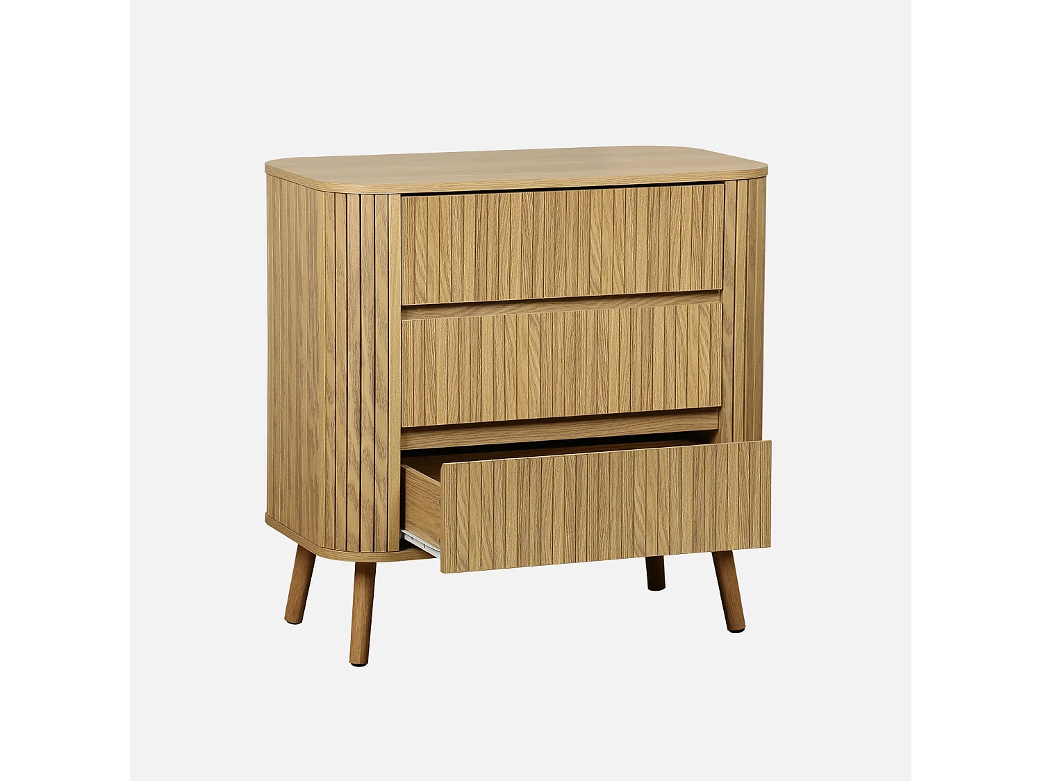 Commode 3 tiroirs. décor strié naturel. L 80x P 45  H 80cm