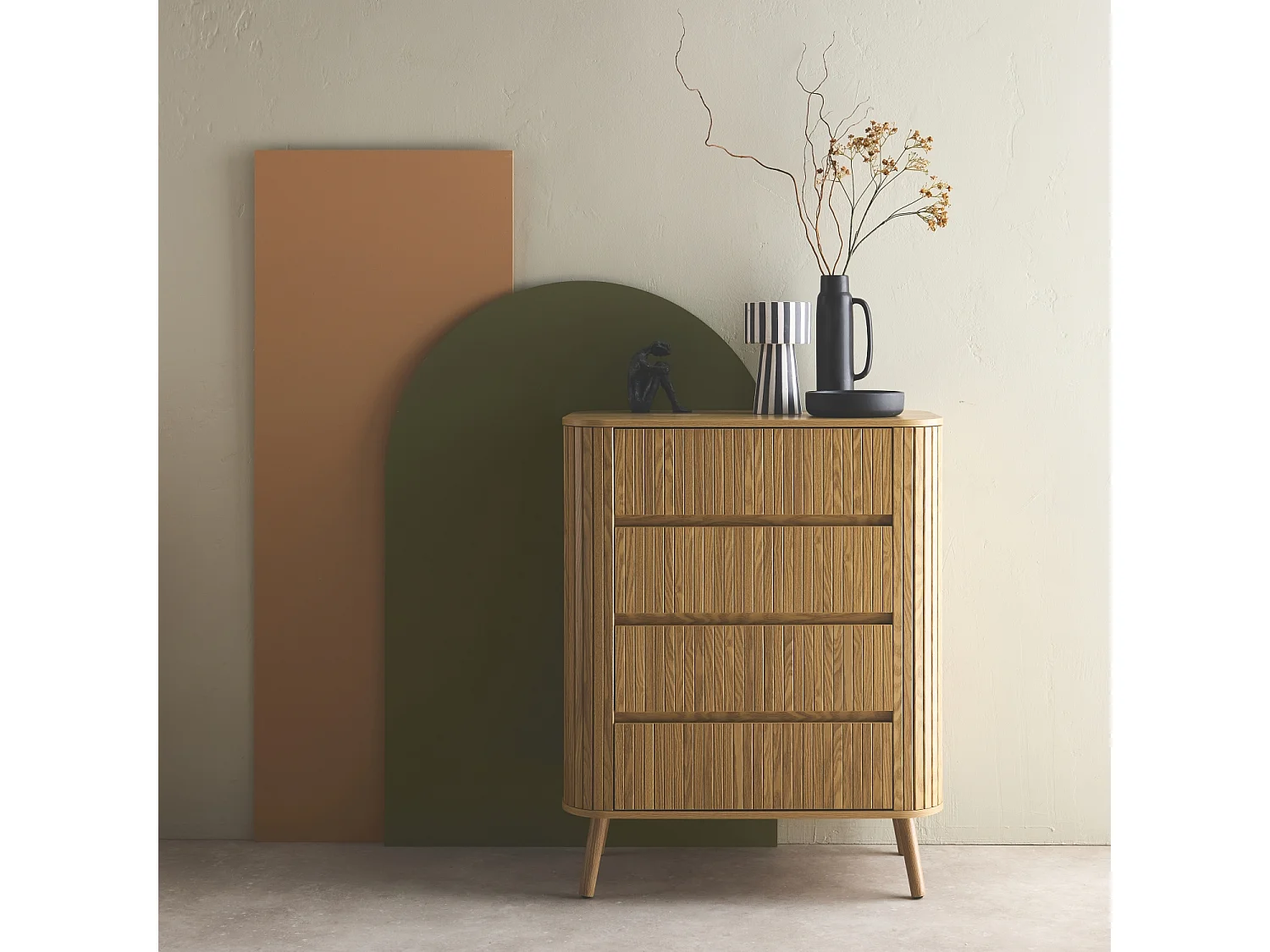 Commode 4 tiroirs. décor strié naturel. L 80x P 45  H 100cm