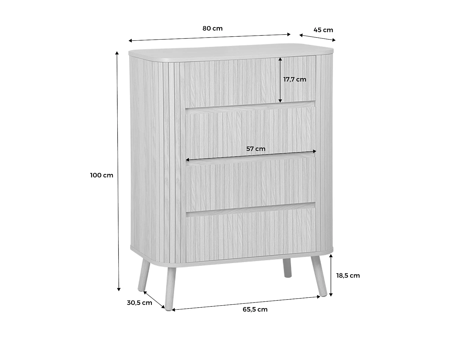 Commode 4 tiroirs. décor strié naturel. L 80x P 45  H 100cm