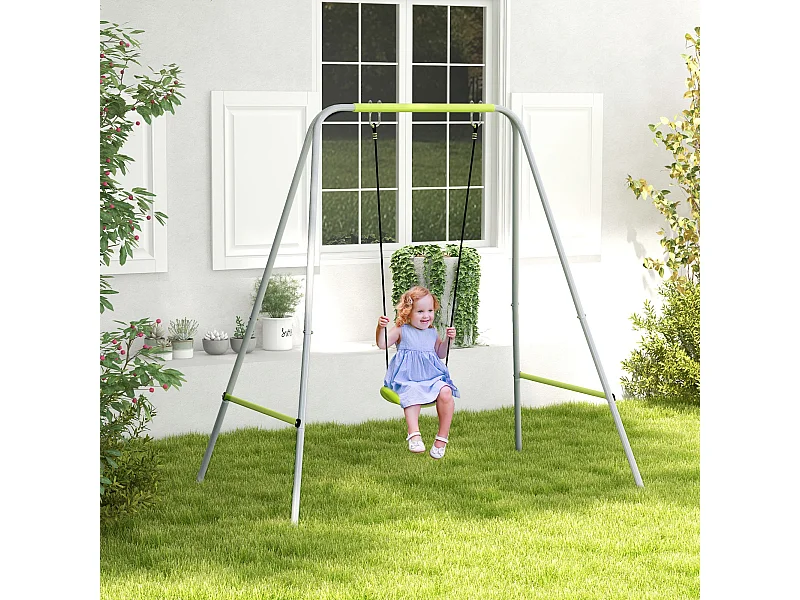 Portique balançoire évolutive - siège haut, accoudoirs, ceinture sécurité 5 points, barre protection - métal époxy gris vert