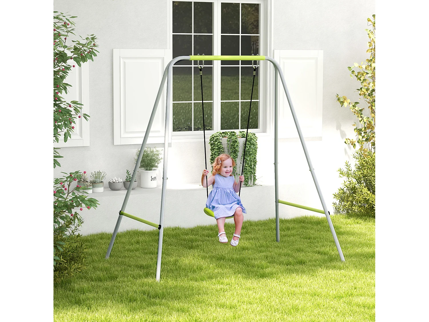 Portique balançoire évolutive - siège haut, accoudoirs, ceinture sécurité 5 points, barre protection - métal époxy gris vert