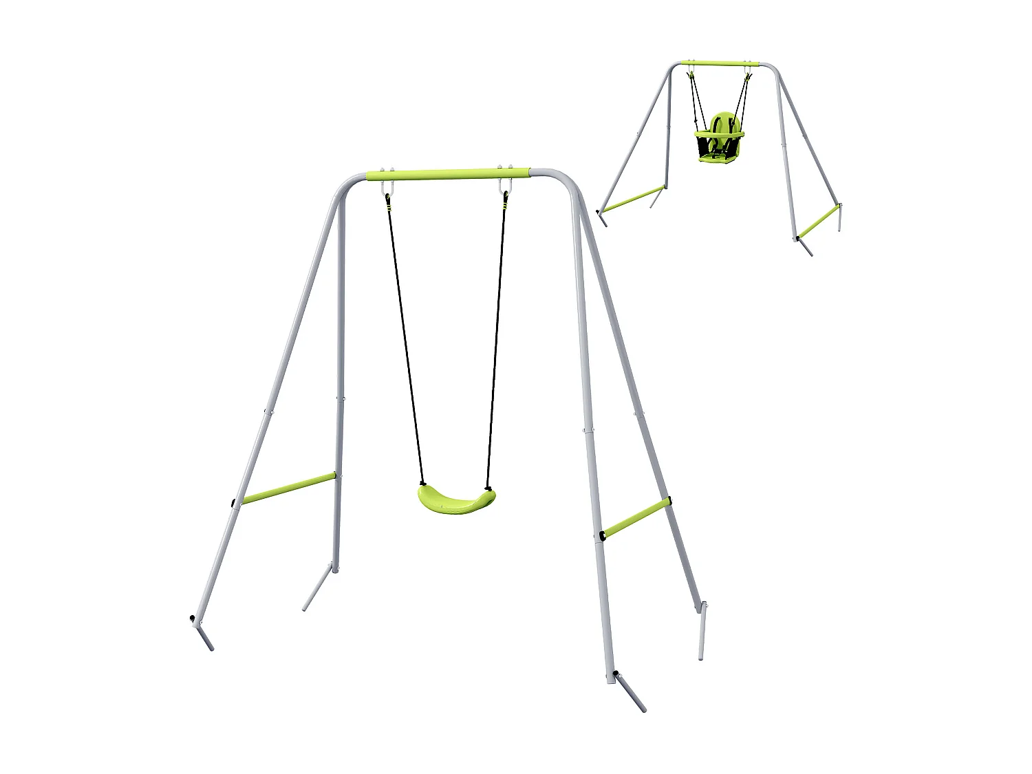 Portique balançoire évolutive - siège haut, accoudoirs, ceinture sécurité 5 points, barre protection - métal époxy gris vert