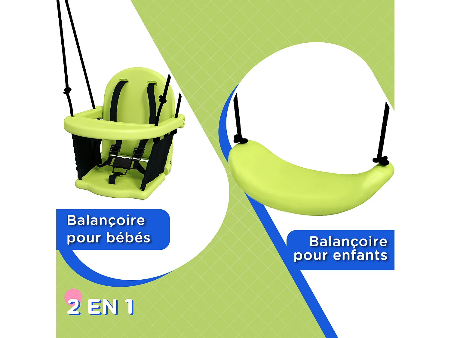Portique balançoire évolutive - siège haut, accoudoirs, ceinture sécurité 5 points, barre protection - métal époxy gris vert