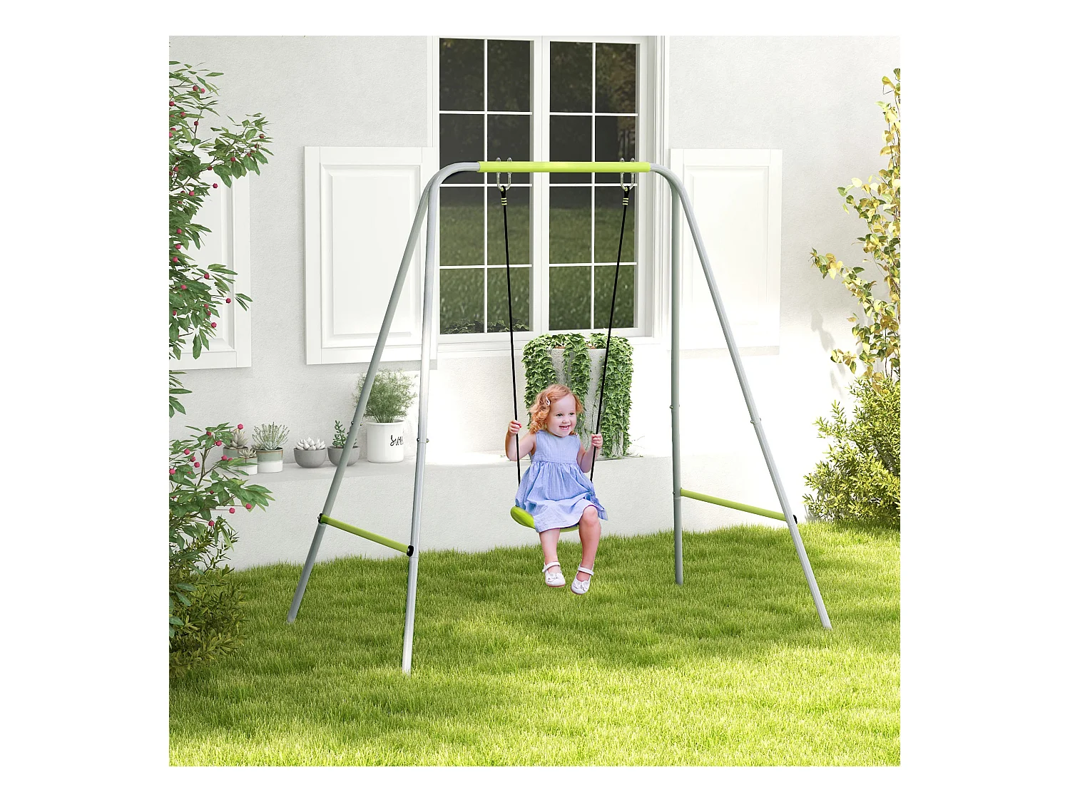 Portique balançoire évolutive - siège haut, accoudoirs, ceinture sécurité 5 points, barre protection - métal époxy gris vert