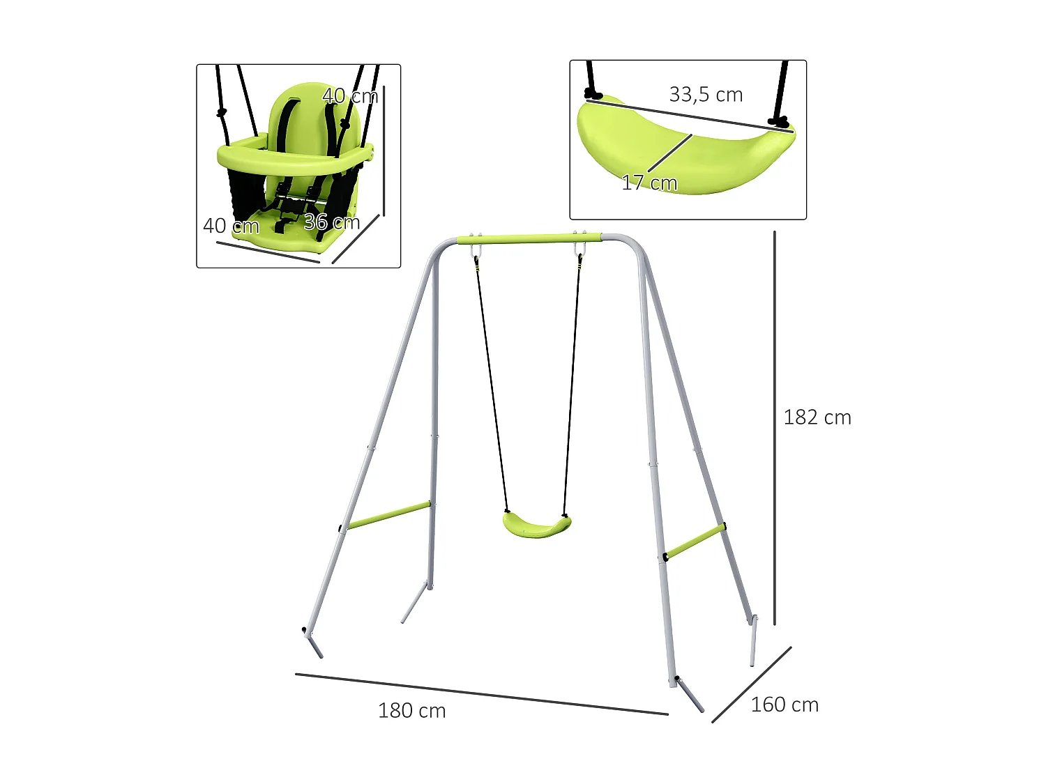 Portique balançoire évolutive - siège haut, accoudoirs, ceinture sécurité 5 points, barre protection - métal époxy gris vert