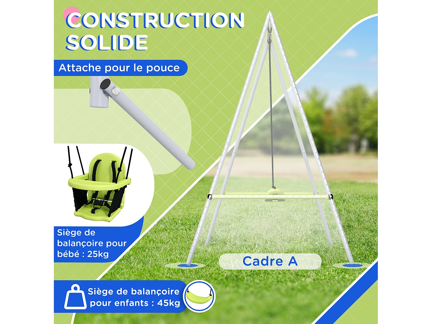 Portique balançoire évolutive - siège haut, accoudoirs, ceinture sécurité 5 points, barre protection - métal époxy gris vert