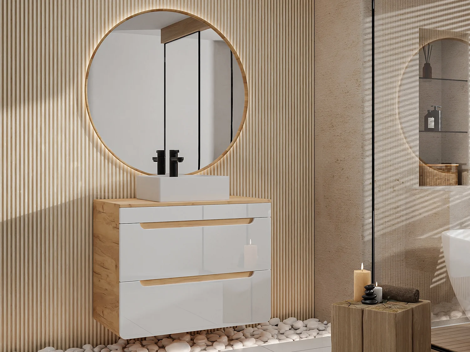 Hangmeubel voor badkamer met opbouwwastafel - Naturel en wit - 80 cm - ARUBA