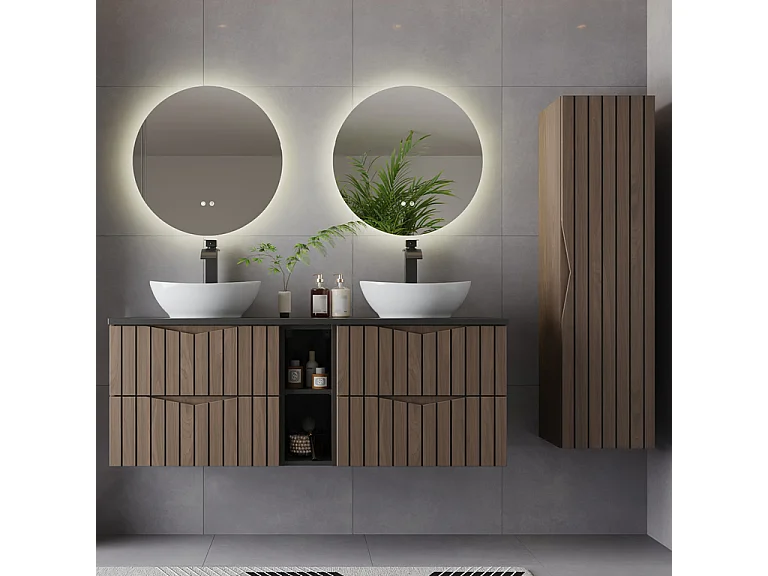 Conjunto de muebles con doble lavabo 140cm 2 compartimientos y columna Siena madera y negro