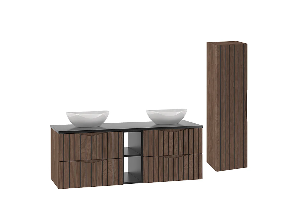Set Doppelwaschtisch 140cm 2 Nischen und Säule Siena Holz und schwarz