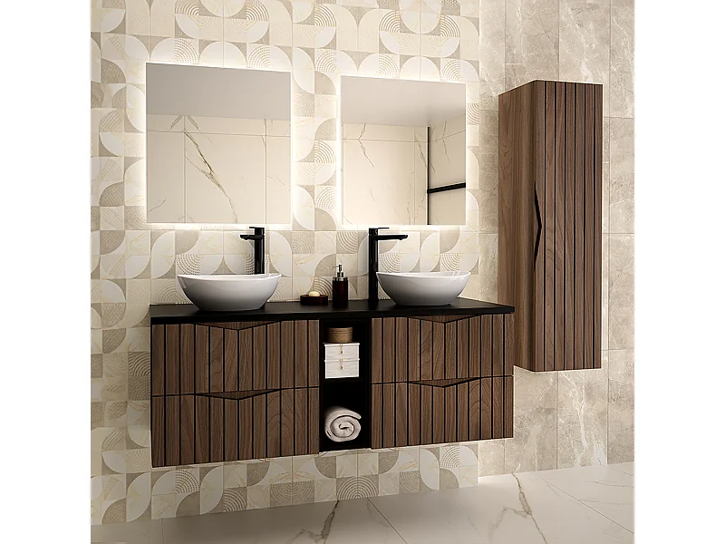 Conjunto de móveis de casa de banho com lavatório duplo Siena madeira e preto