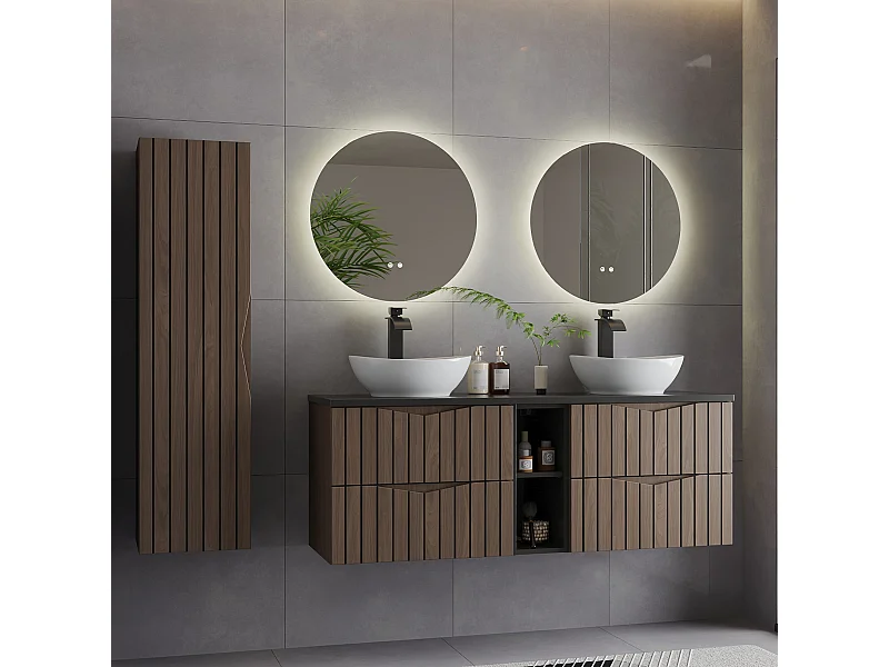 Conjunto de muebles con doble lavabo 140cm 2 compartimientos y columna Siena madera y negro