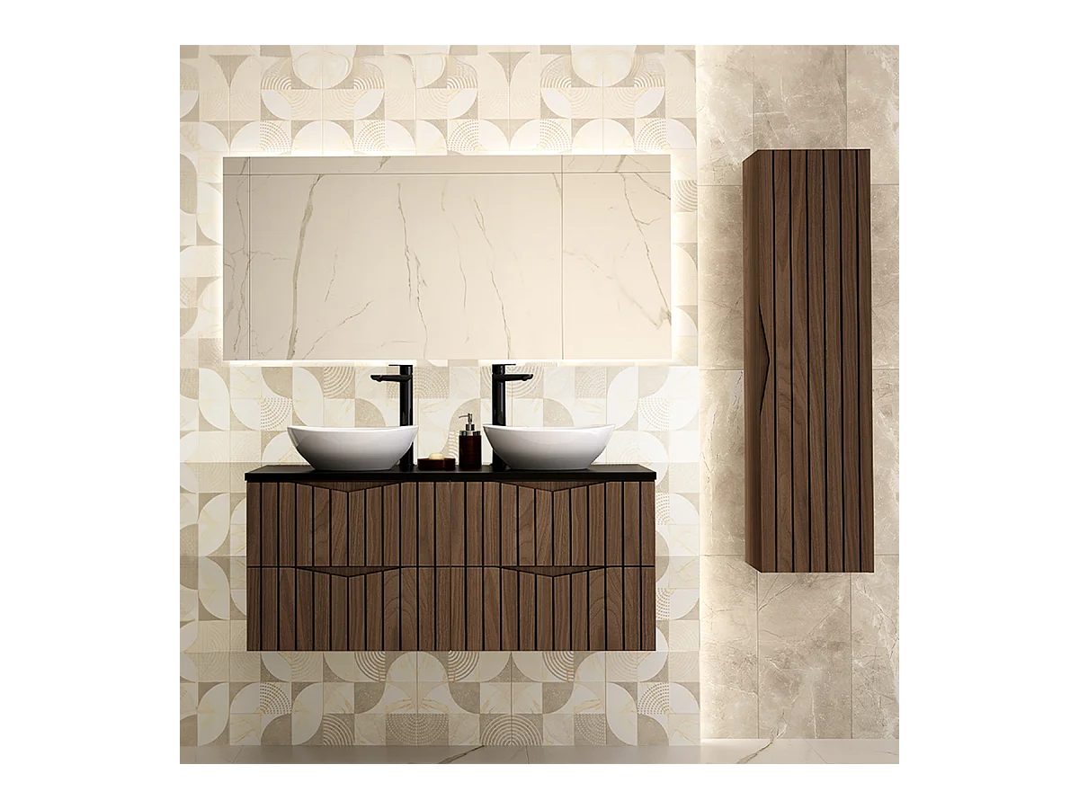 Set aus Doppelwaschtisch 120cm und Säule Siena Holz und Schwarz
