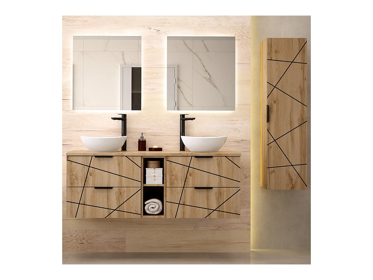 Ensemble meuble double vasque 140cm 2 niches et colonne Teren Bois