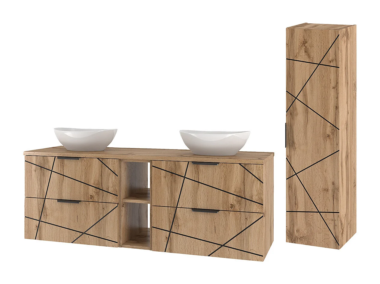 Ensemble meuble double vasque 140cm 2 niches et colonne Teren Bois