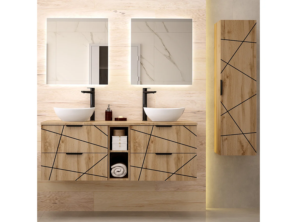 Ensemble meuble double vasque 140cm 2 niches et colonne Teren Bois