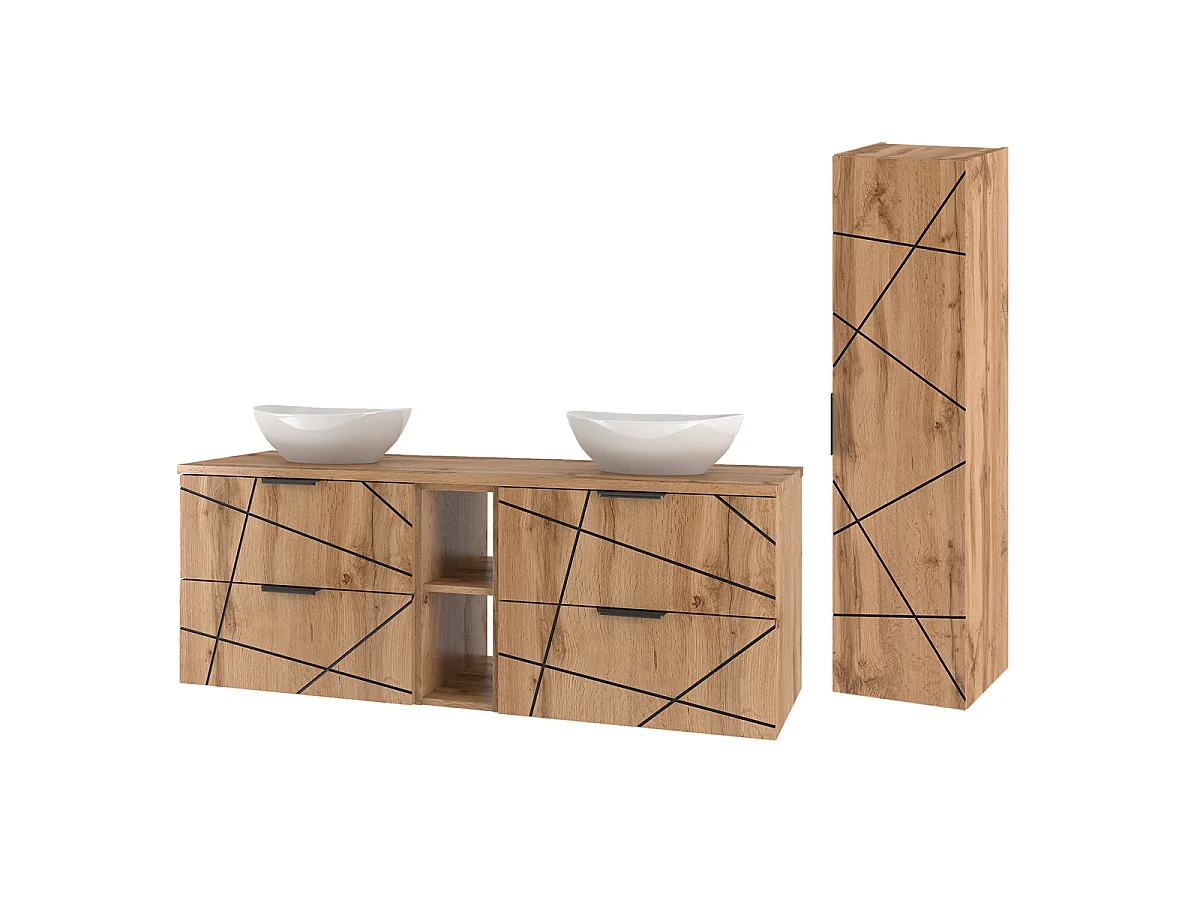 Ensemble meuble double vasque 140cm 2 niches et colonne Teren Bois