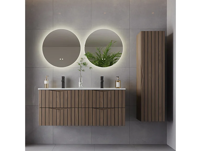 Conjunto de muebles con doble lavabo encastrado 120cm y columna Siena madera y negro