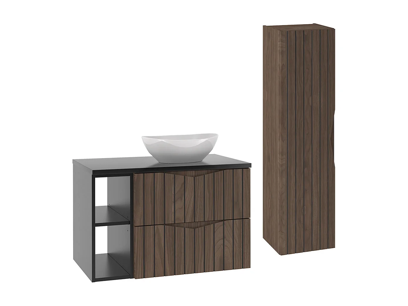 Ensemble meuble simple vasque 80cm 2 niches et colonne Siena bois et noir