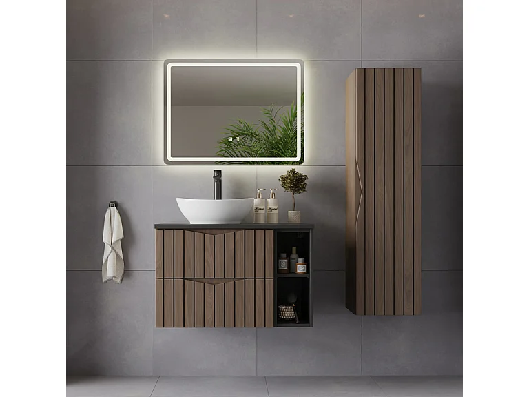 Ensemble meuble simple vasque 80cm 2 niches et colonne Siena bois et noir