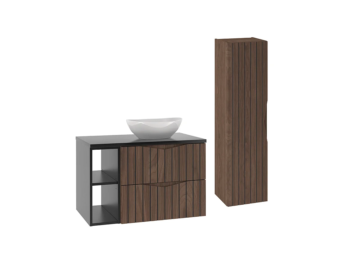 Siena hout en zwart enkele wastafel 80cm 2 nissen en sokkel