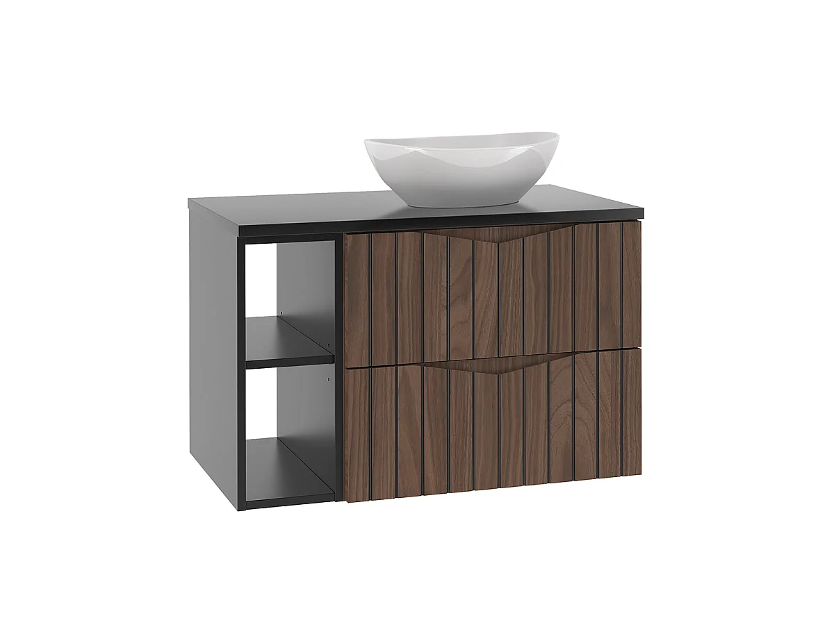 Siena hout en zwart enkele wastafel 80cm 2 nissen en sokkel