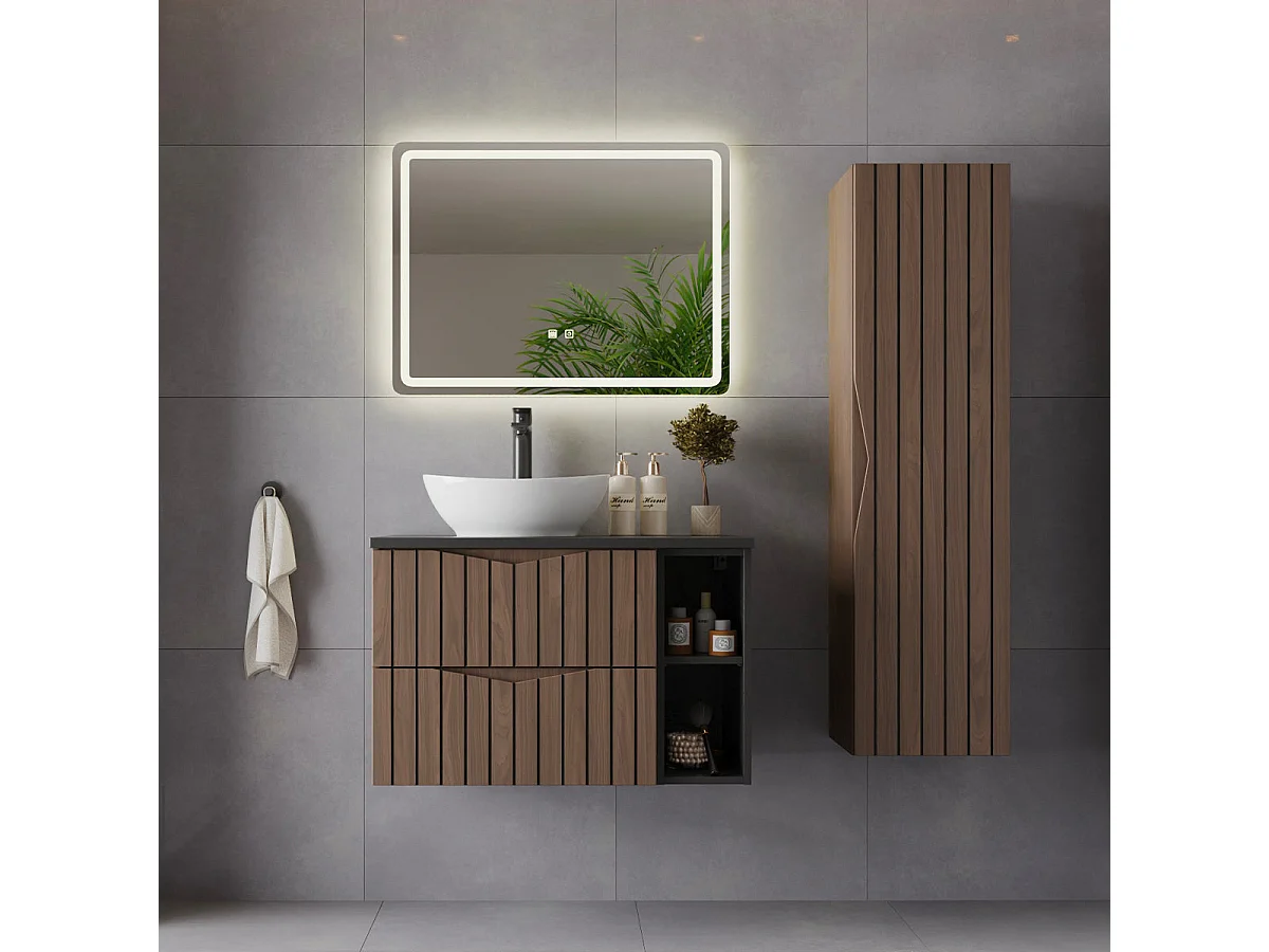 Siena hout en zwart enkele wastafel 80cm 2 nissen en sokkel