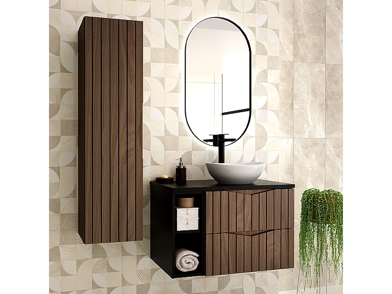 Ensemble meuble simple vasque 80cm 2 niches et colonne Siena bois et noir