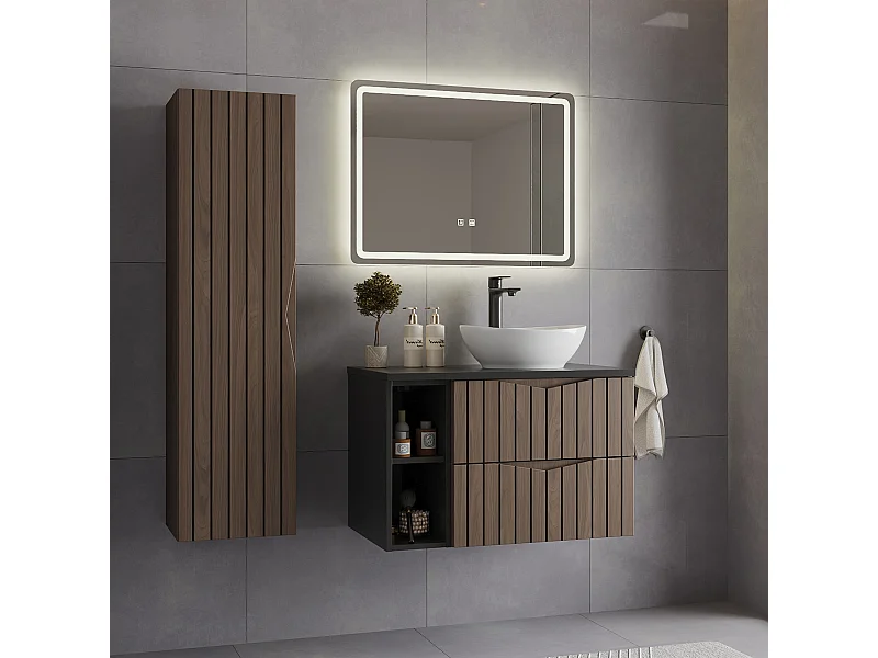 Conjunto de muebles con lavabo individual 80cm 2 compartimientos y columna Siena madera y negro