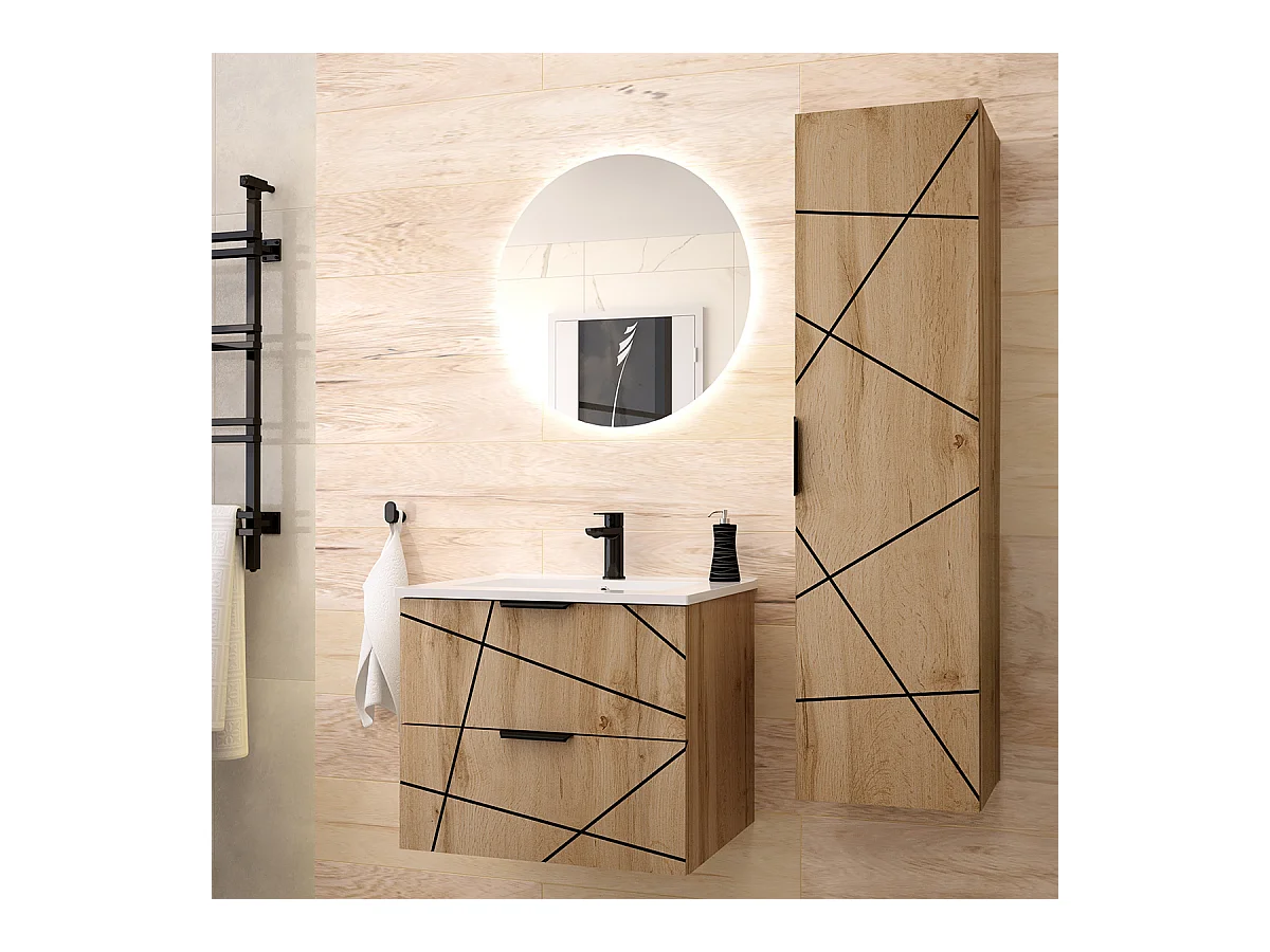 Ensemble meuble simple vasque encastrée 60cm et colonne Teren Bois