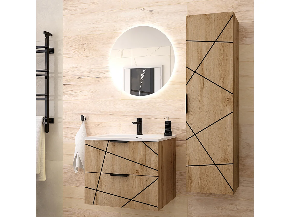 Set aus Einzelmöbel Einbauwaschbecken 60cm und Säule Teren Holz