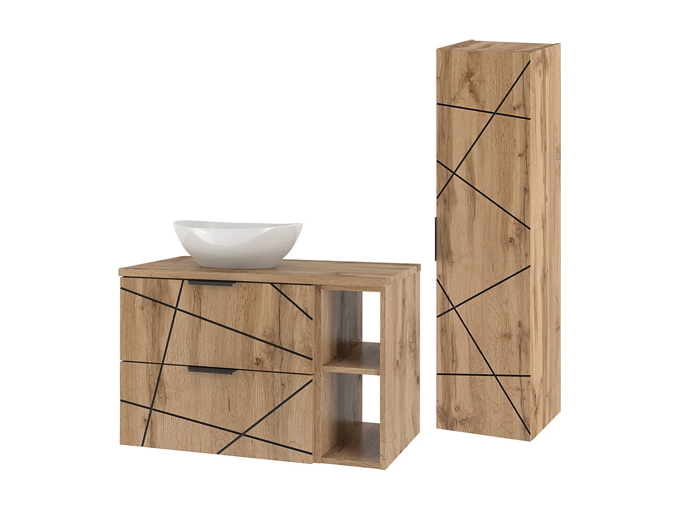 Ensemble meuble simple vasque 80cm 2 niches et colonne Teren Bois