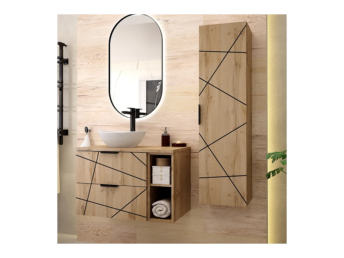 Ensemble meuble simple vasque 80cm 2 niches et colonne Teren Bois
