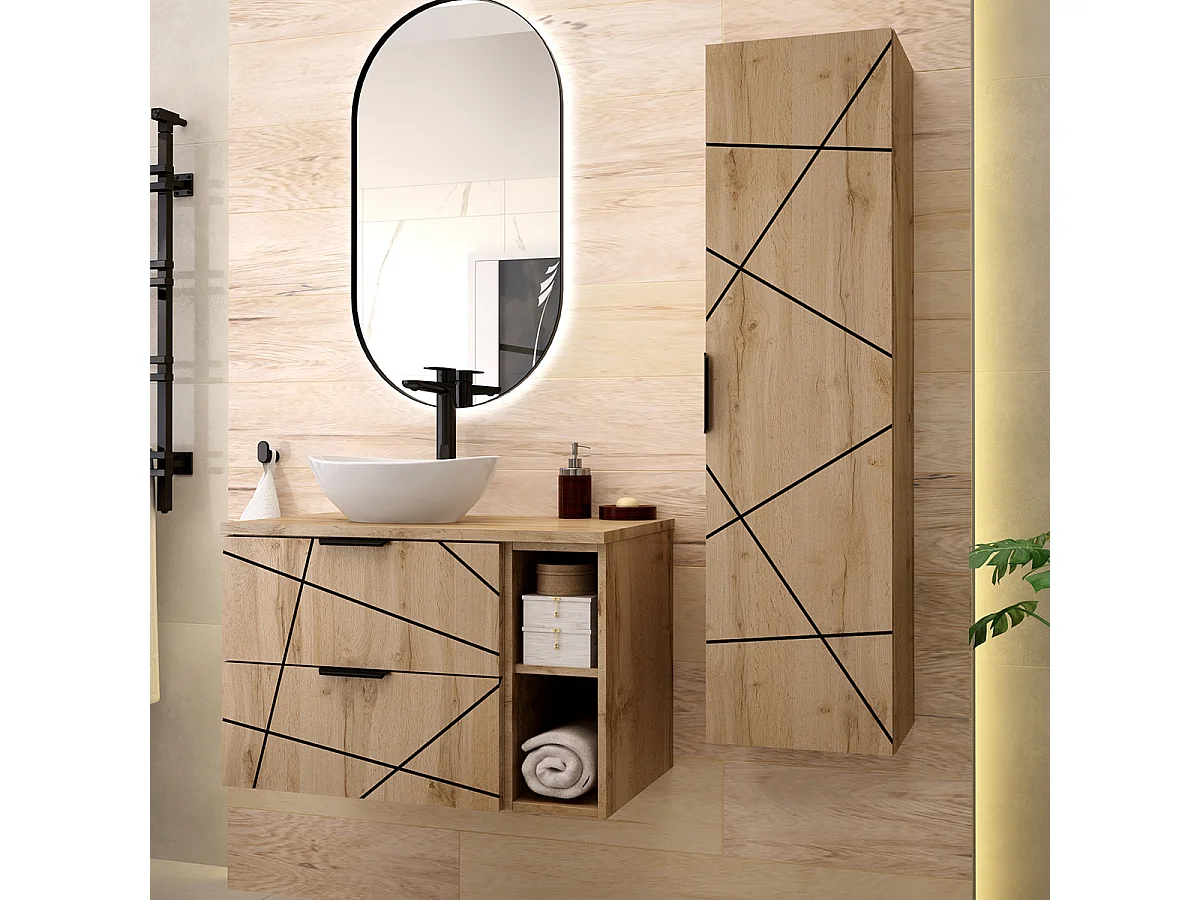 Ensemble meuble simple vasque 80cm 2 niches et colonne Teren Bois