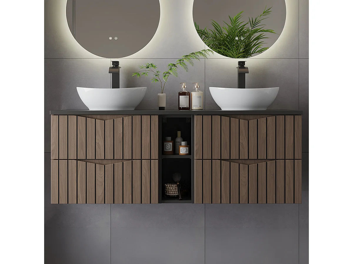 Dubbele wastafel 140cm 2 nissen Siena hout en zwart