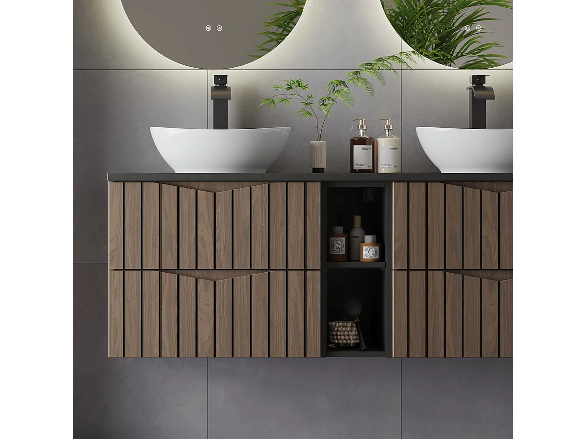 Dubbele wastafel 140cm 2 nissen Siena hout en zwart