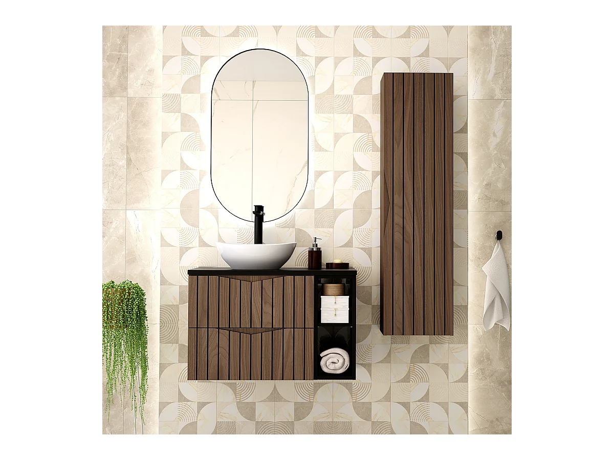 Meuble simple vasque 80cm 2 niches Siena bois et noir