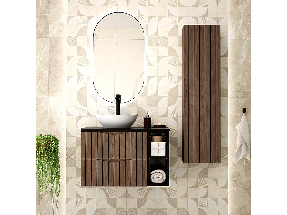 Meuble simple vasque 80cm 2 niches Siena bois et noir