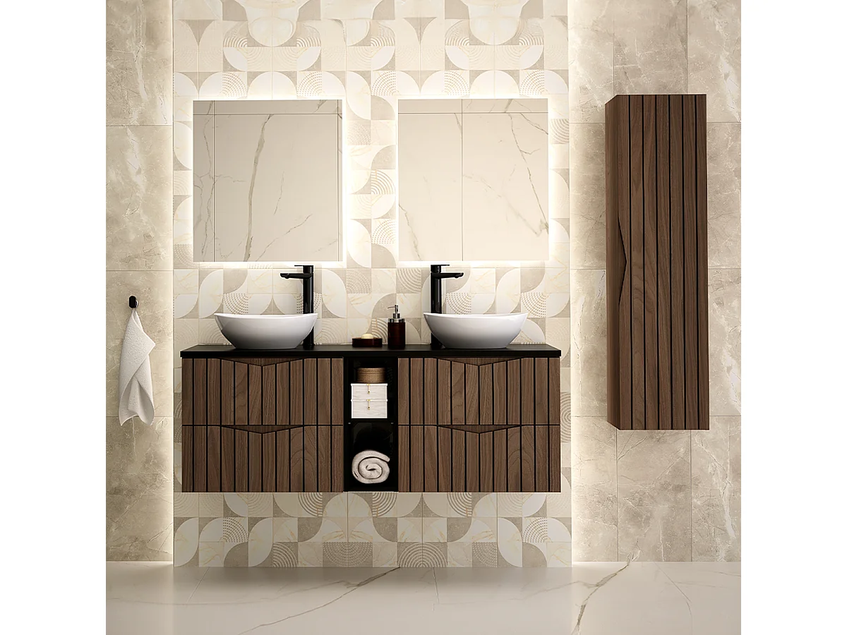 Meuble sous-vasque 140cm 2 niches plan de toilette Siena bois et noir