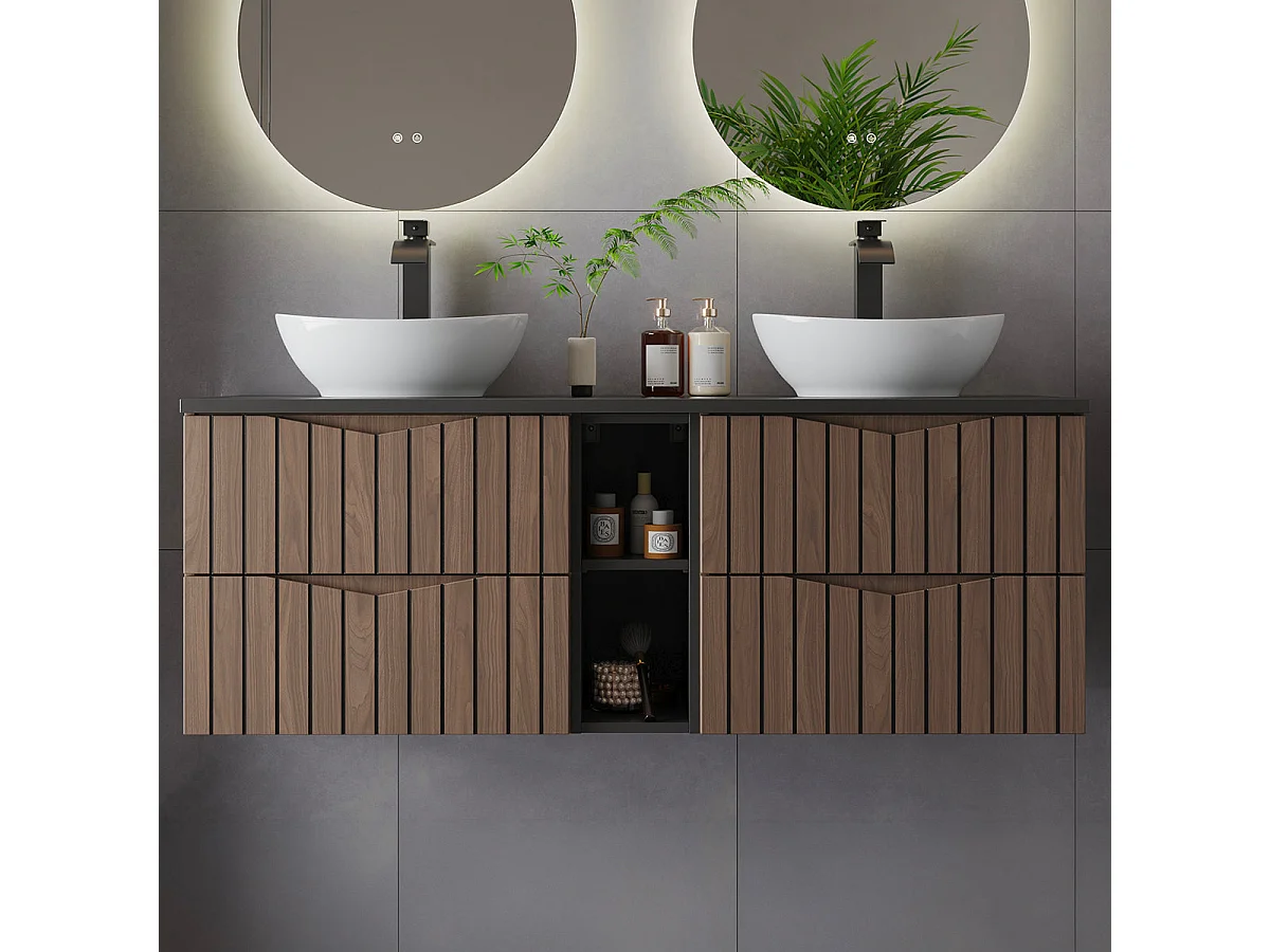 Under basin unit 140cm 2 niches Siena wood and black vanity top