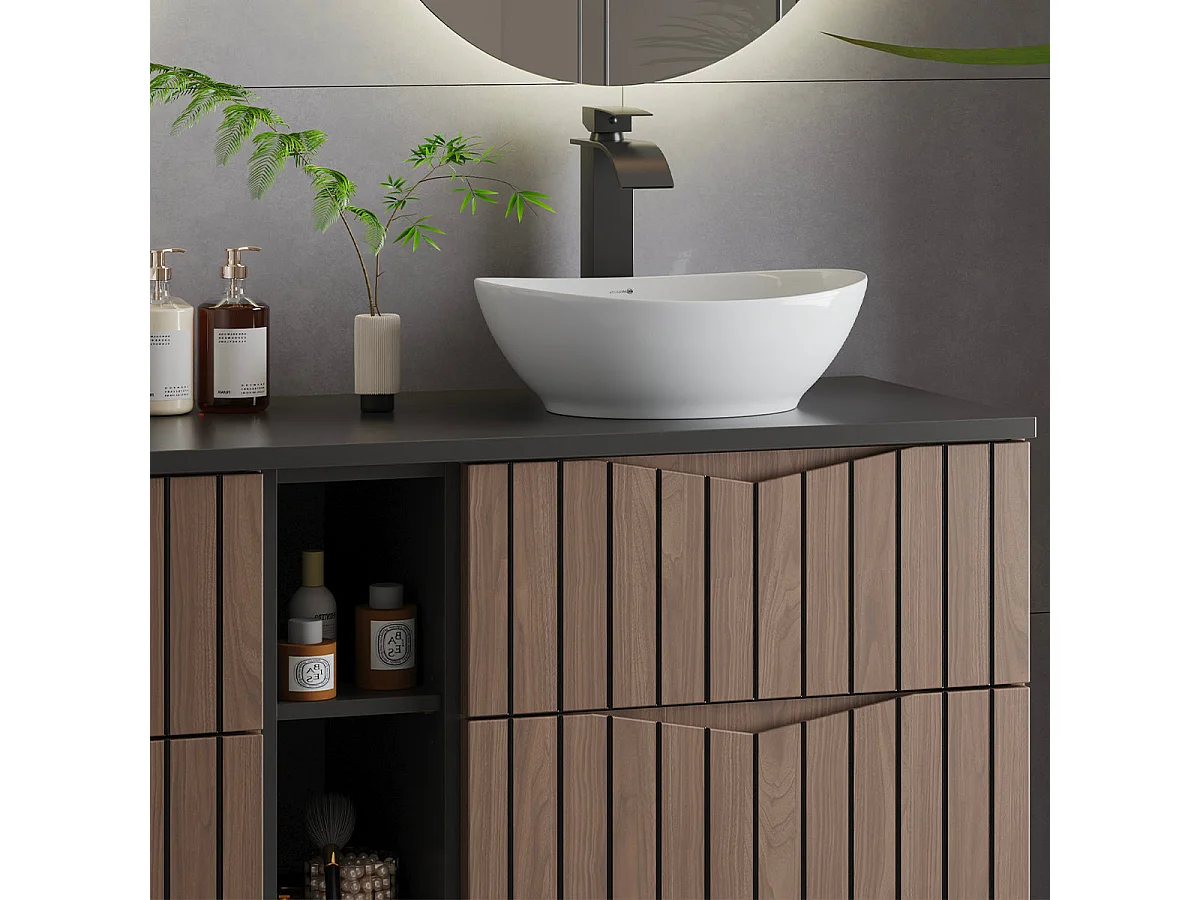 Under basin unit 140cm 2 niches Siena wood and black vanity top