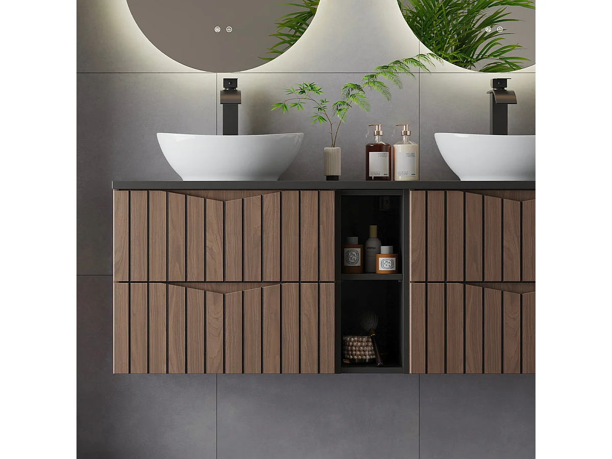 Under basin unit 140cm 2 niches Siena wood and black vanity top
