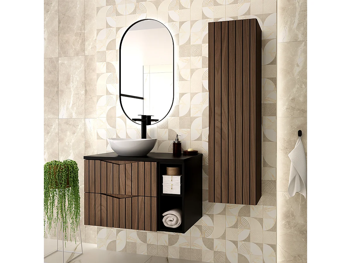Meuble sous-vasque 80cm 2 niches plan de toilette Siena bois et noir
