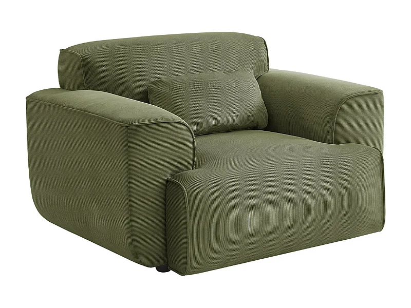 Fauteuil velours côtelé vert. lignes arrondies. coussin fourni. Wallas. L 116 x P 97 x H 73cm